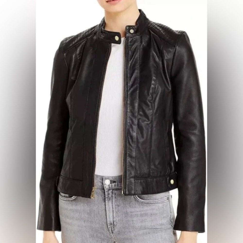COLE HAAN Lambskin Leather Moto Jacket
